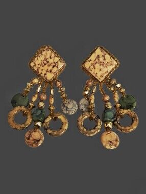 VTG CHIPITA 1980s Artisan Tile Beaded Dangle Post Festival Earrings